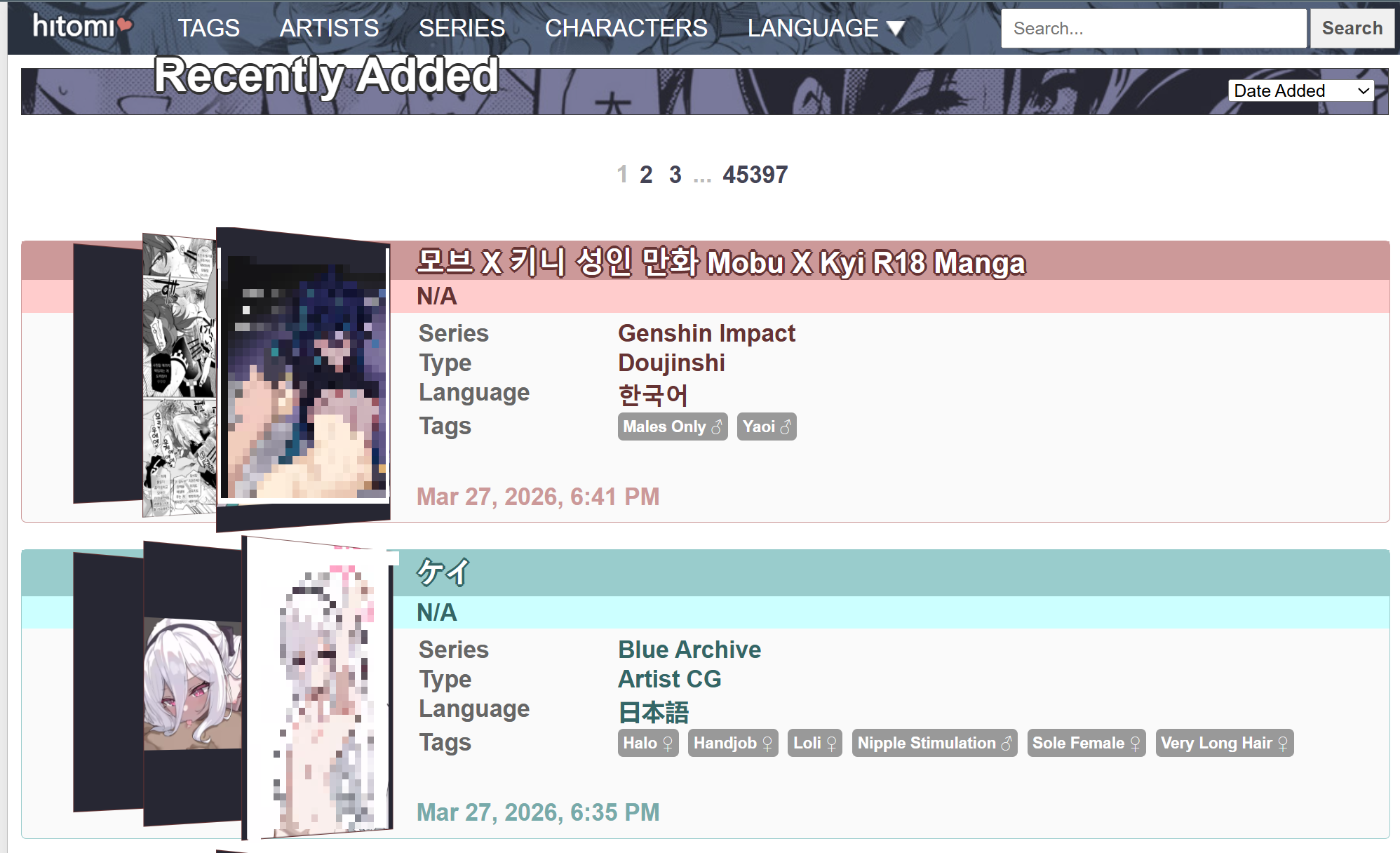 Hitomila (Hitomi La) homepage showing recently added doujinshi and manga galleries with tags, series info, and language filters