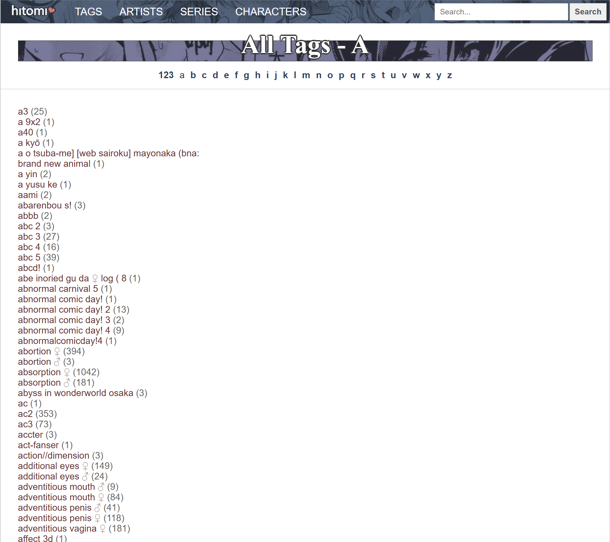 Hitomila all tags page showing alphabetical tag listing with male and female gender categories and content count numbers